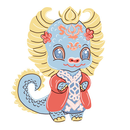 Chinese New Year of Dragon, cute little baby dragon in national Chinese costume. Vector illustration.のイラスト素材