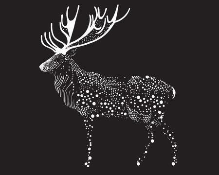 Deer silhouette with antlers and dots. Black and white illustration.のイラスト素材