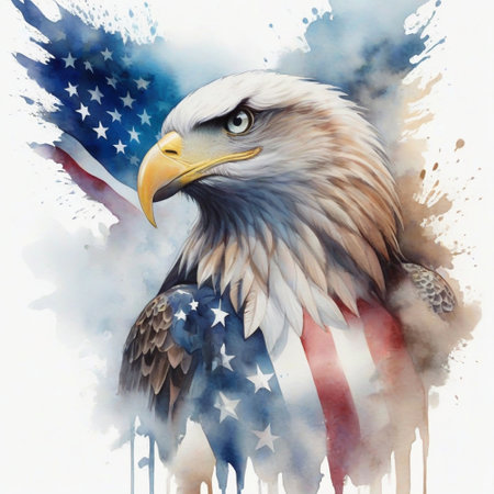 American eagle on the background of the American flag. Watercolor paintingの素材