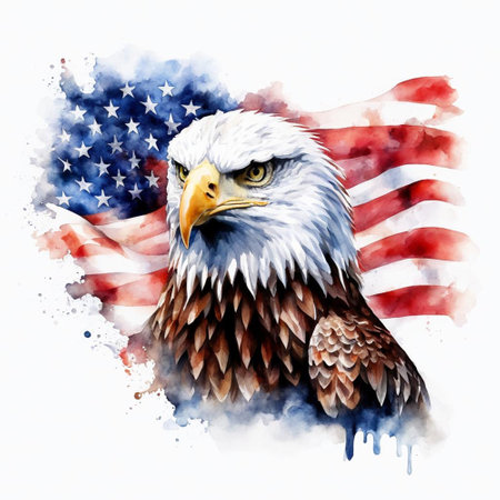 American eagle with USA flag on white background. Watercolor illustration.の素材