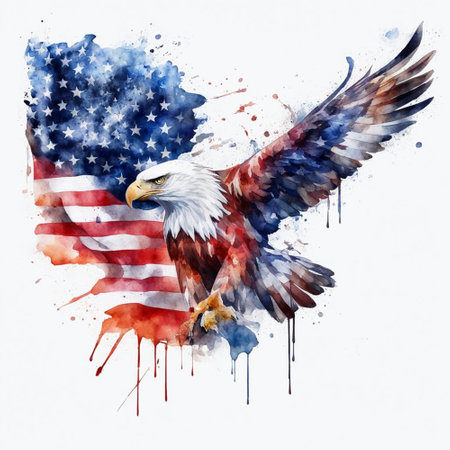 American eagle with USA flag on white background. Watercolor illustration.の素材