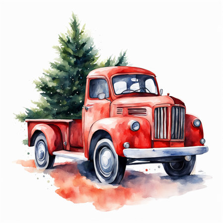 Vintage red truck with pine tree. Hand drawn watercolor illustrationの素材