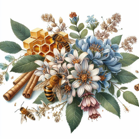 Watercolor floral composition with bees, honeycombs and flowers.の素材