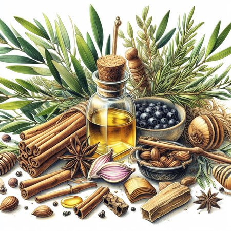 Essential oil in a glass bottle with herbs, spices and fruits.の素材