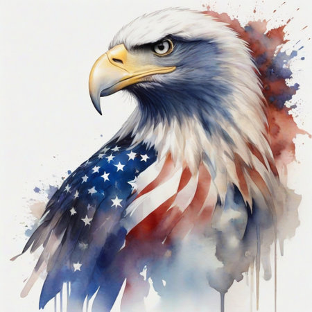 American eagle with USA flag on white background. Digital watercolor painting.の素材
