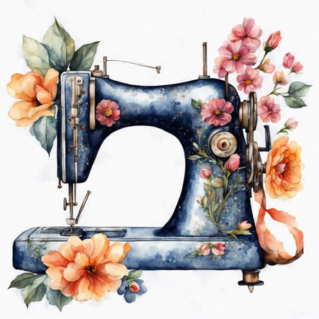 Vintage sewing machine with flowers. Hand drawn watercolor illustration.の素材