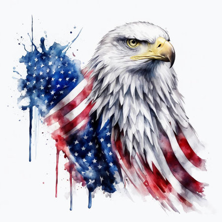 American eagle on the background of the American flag. Watercolor illustrationの素材