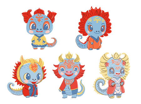 Set of cute cartoon dragons. Vector illustration isolated on white background.のイラスト素材