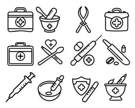 Medicine icons set. Outline set of medical icons for web designのイラスト素材