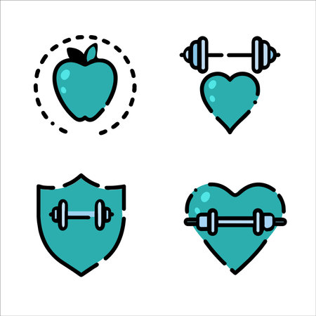 Fitness icon set. Heart, dumbbells, apple, shield. Vector illustration.のイラスト素材