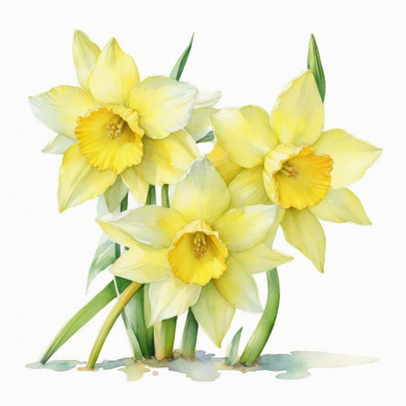 Yellow narcissus flowers isolated on white background. Watercolor illustration.の素材
