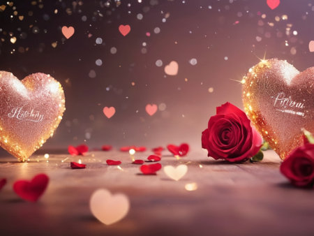 Valentine's day background with red rose and heart-shaped lightsの素材
