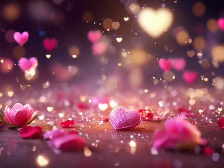 pink hearts and rose petals on wooden background with bokehの素材