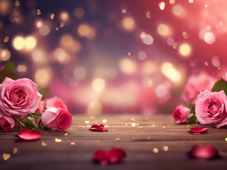 Valentine's day background with pink roses and hearts on wooden tableの素材