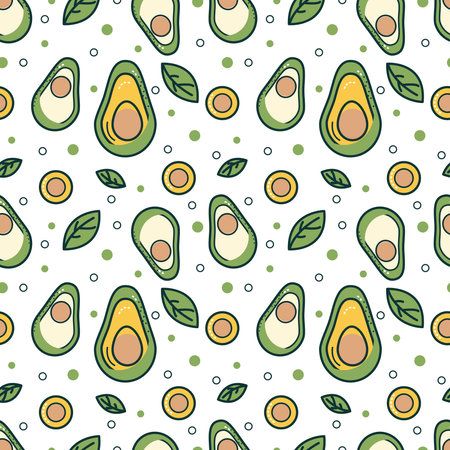 Seamless pattern with avocado and leaves. Vector hand drawn illustration.のイラスト素材