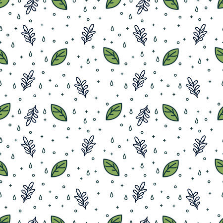 Seamless pattern with leaves and drops. Hand drawn background.のイラスト素材
