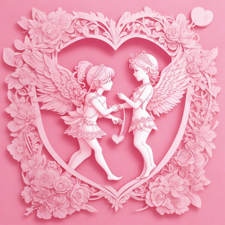 Valentine's day greeting card with two angels on pink backgroundの素材