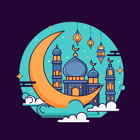 Ramadan Kareem greeting card with mosque and moon. Vector illustrationのイラスト素材
