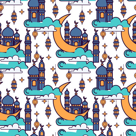Seamless pattern with mosque, moon and clouds. Ramadan Kareem background.のイラスト素材
