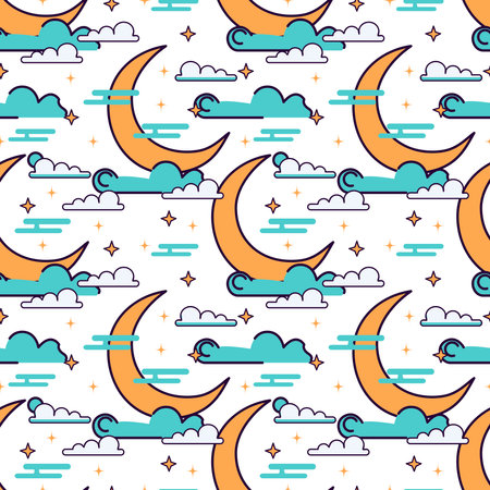 Seamless pattern with crescent moon and clouds. Vector illustration.のイラスト素材