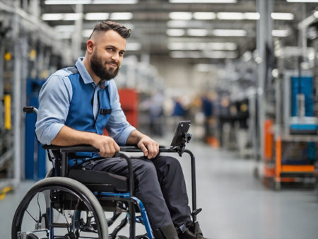 Portrait of confident male worker using laptop while sitting on wheelchair in warehouseの素材