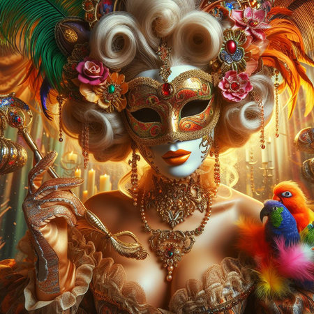 Beautiful woman in carnival mask with feathers. 3d renderingの素材
