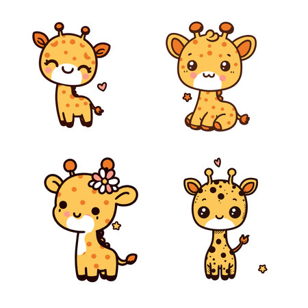 Cute cartoon giraffe set. Vector illustration isolated on white background.のイラスト素材