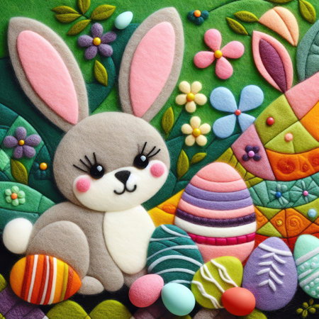 Easter bunny and colorful eggs on green background. Felt art patchwork.の素材