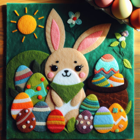 Easter bunny and painted eggs in a basket on a wooden background. Felt art patchwork.の素材