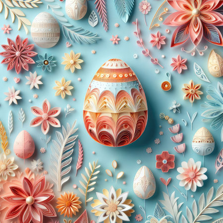 Easter egg with flowers and leaves on pink background. 3d illustration, made using paper quilling techniqueの素材