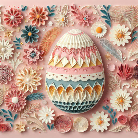Easter egg with flowers and leaves on pink background. 3d illustration, made using paper quilling techniqueの素材