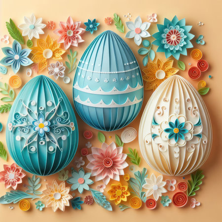 Easter egg with flowers and leaves on pink background. 3d illustration, made using paper quilling techniqueの素材
