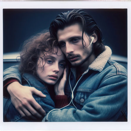Young couple in love embracing and looking at camera. Photo in retro style.の素材