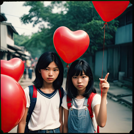 Two asian girls holding red heart shaped balloon and looking at cameraの素材