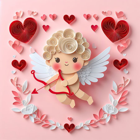Valentine's day greeting card with cupid, paper art styleの素材
