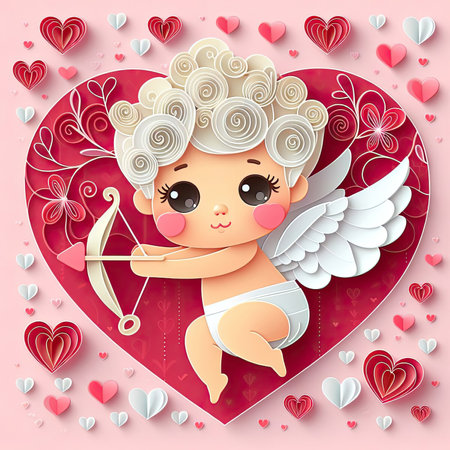 Valentine's day greeting card with cute cupid. Quilling paper card.の素材