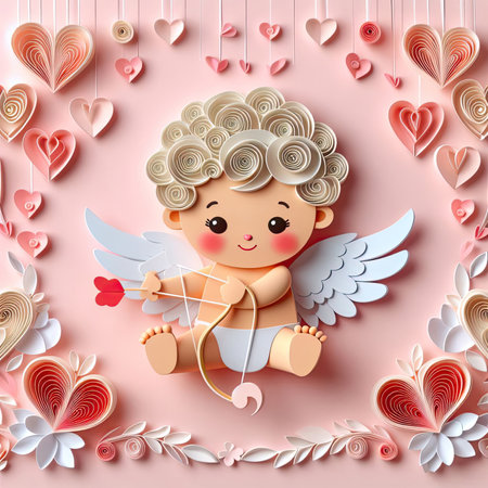 Valentine's day greeting card with cute cupid on pink background. Quilling paper card.の素材