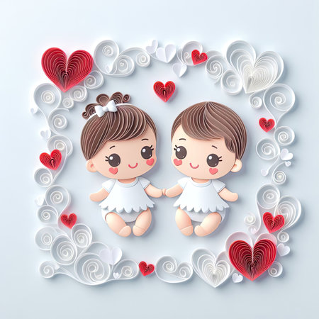 Cute little boy and girl in a heart frame. paper art styleの素材