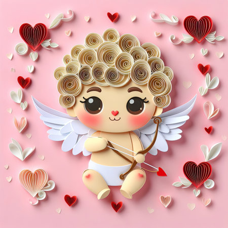 Valentines day greeting card with cute cupid. Quilling paper, card.の素材