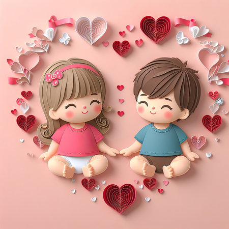 Valentine's day background with cute little boy and girl in love paper art styleの素材