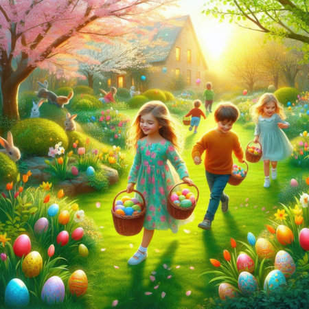 Happy easter. Children and Easter eggs in the spring garden.の素材