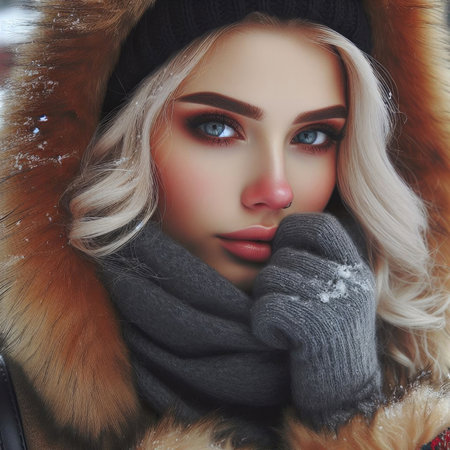 beautiful blond girl in a fur coat and scarf on a winter backgroundの素材