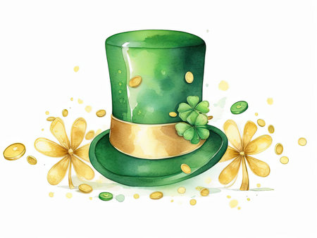 Illustration of a green top hat with shamrock and gold coinsの素材