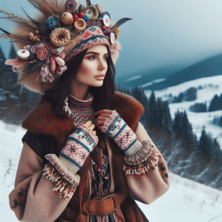 Winter fashion. Portrait of a beautiful woman in a fur hat and scarf on the background of mountains.の素材