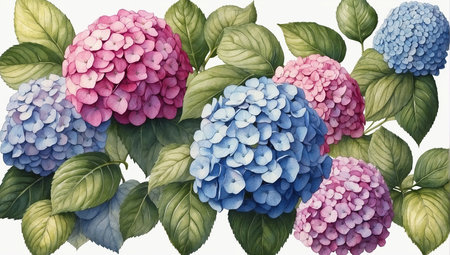 Watercolor hydrangea flowers. Illustration of hydrangea flowers.の素材