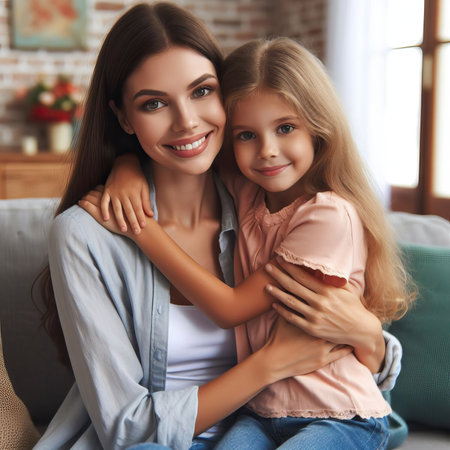 Cute little girl hugging her mother and smiling while sitting on sofa at homeの素材