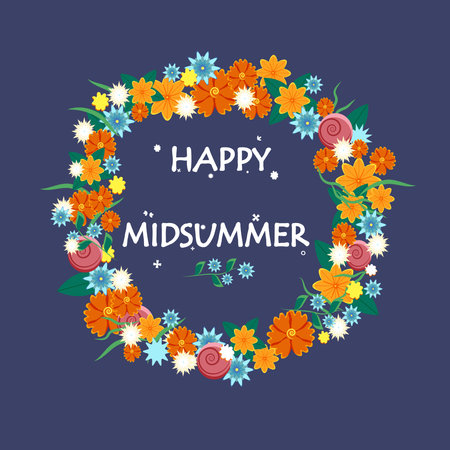 Happy Midsummer greeting poster. Floral wreath and lettering Happy Midsummer. Template for Sweden longest summer day holiday banner background. Vector illustration.のイラスト素材