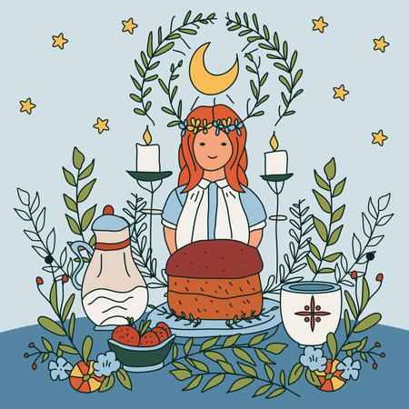 Midsummer holiday banner. Beautiful girl with floral wreath and text Glad Midsommar. Vector illustration.のイラスト素材