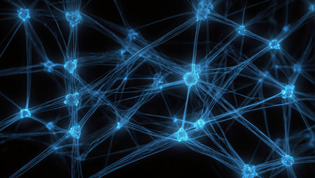 3d rendering of abstract network structure in dark space with blue lightsの素材