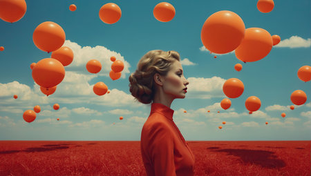 Beautiful woman in red dress with orange balloons in the field.の素材